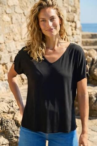 Roman Black Cold Shoulder Button Top - Image 2 of 6