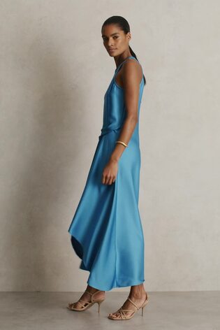Satin Drape Tuck Midi Dress in Blue - Image 2 of 7