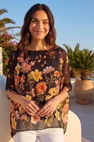 Roman Black Floral Print Sequin Tunic Top - Image 2 of 5
