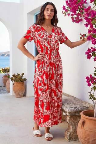 Roman Leaf Print Shirred Maxi Dress - Larawan 2 ng 5