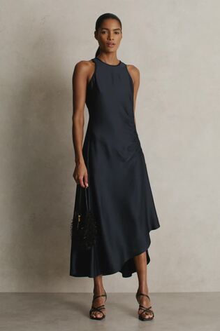 Satin Shirred Midi Dress in Navy - Image 2 of 8