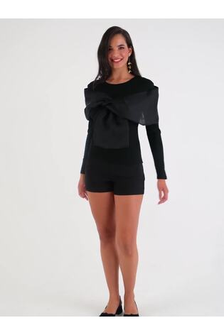 Amy Lynn Black Helena Viscose Jersey Top with Organza Bow - Image 2 of 6