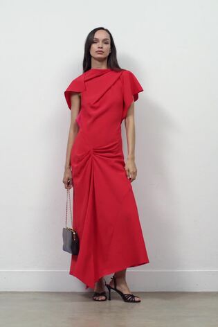 Petite Asymmetric Draped Midi Dress in Orange - Image 2 of 7
