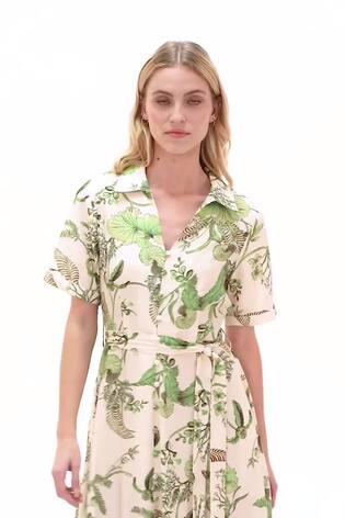 Roman Green Floral Tie Waist Shirt Dress - Image 2 of 4