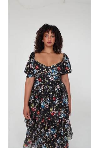Lovedrobe Blue Foil Printed Lace Tiered Hem Midaxi Dress - Image 2 of 7