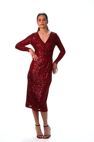 Roman Red Sequin Front Wrap Midi Stretch Dress - Image 2 of 6