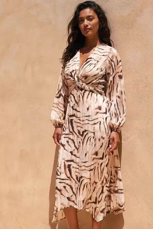 Roman Natural Zebra Print Twist Front Midi Dress - Image 2 of 5