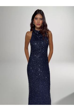 Lipsy Navy Blue Sequin Cowl Neck Satin Bow Back Maxi Dress - Image 2 of 7
