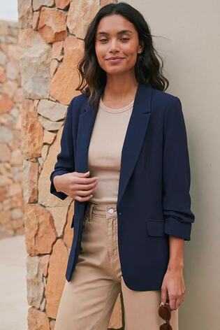 Roman Blue Ruched 3/4 Sleeve Blazer Jacket - Image 2 of 7
