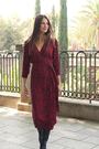 Sosandar Red Ruched Sleeve Midi Wrap Dress - Image 2 of 6