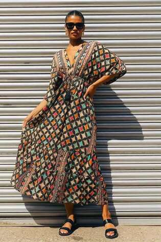 Roman Black Geo Print V-Neck Frill Maxi Dress - Image 2 of 6
