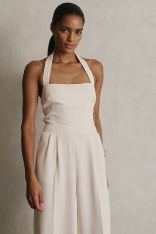 Reiss Cream Viola Embroidery Halterneck Wide-Leg Jumpsuit - Image 2 of 8