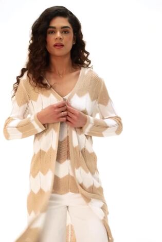 Roman Natural Chevron Stripe Shimmer Longline Cardigan - Image 2 of 6