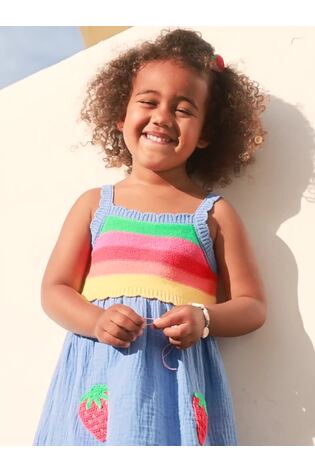 Blue Rainbow Strawberry Appliqué Pocket Knit Cheesecloth Combo Dress - Image 2 of 5