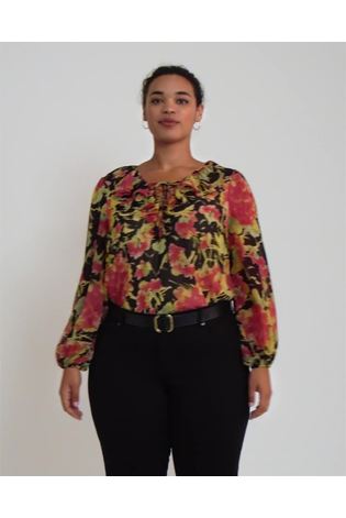 Lauren Ralph Lauren Curve Black Floral Reeshah V-Neck Frill Blouse - Image 2 of 9