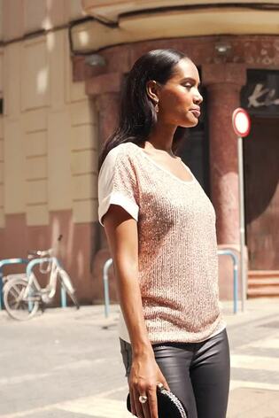 Sosandar rose gold Sequin Front Relaxed T-Shirt - Image 2 of 6 Sosandar rose gold Sequin Front Relaxed T-Shirt - Image 2 of 6