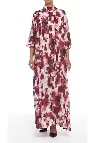 leem Red Pixelated Floral Print Long Kaftan Maxi Dress - Image 2 of 5