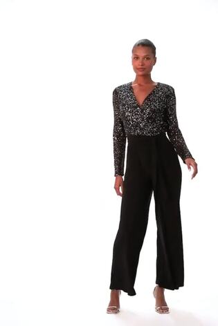 Roman Black Sequin Wrap V-Neck Stretch Jumpsuit - Image 2 of 6