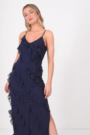 Buy Quiz Blue Navy Chiffon Ruffle Maxi Dress from Next Luxembourg