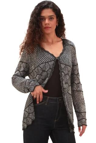 Roman Black Shimmer Crew Neck Knit Cardigan - Image 2 of 6