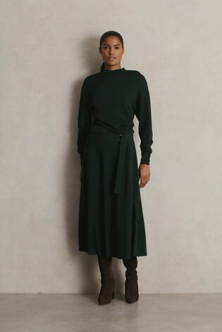 Compact-Knit Belted Midi Dress in Dark Green - Image 2 of 7