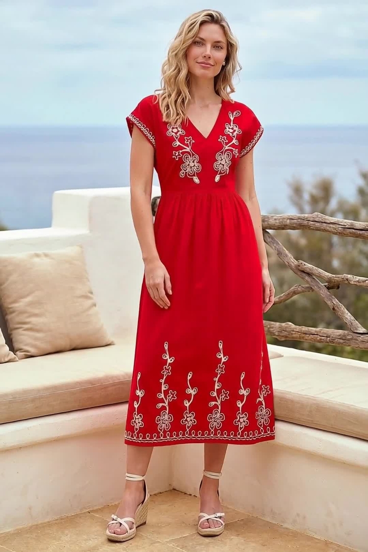Buy Roman Red Embroidered V-Neck Midi Dress from the Next UK