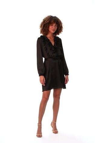 Roman Black Satin V-Neck Ruffle Dress - Image 2 of 6