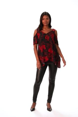 Roman Red Floral Print Cold Shoulder Asymetric Top - Image 2 of 6