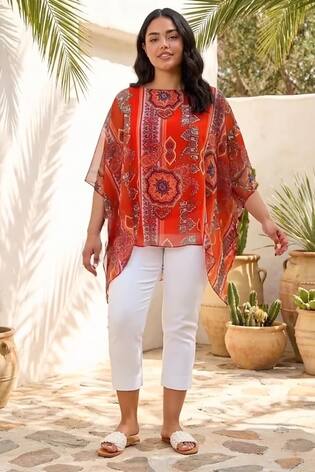 Roman Red Curve Ikat Paisley Asymmetric Overlay Top - Image 2 of 5