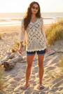 Roman Natural Crochet Lace V-Neck Open Knit Jumper - Image 2 of 6