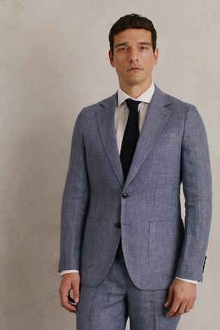 Reiss Soft Blue Reef Slim Fit Single Breasted Linen Check Suit Blazer - Image 2 of 9 Reiss Soft Blue Reef Slim Fit Single Breasted Linen Check Suit Blazer - Image 2 of 9