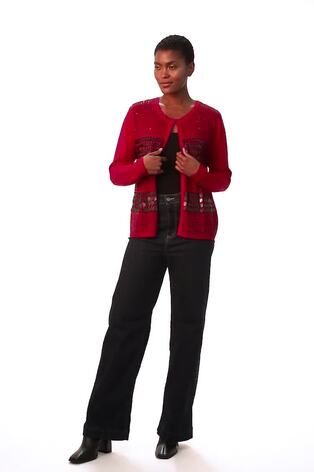Roman Red Sequin Embellished Knit Cardigan - Image 2 of 6
