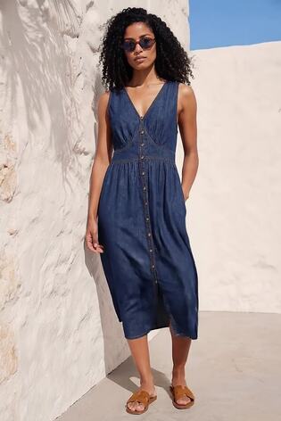 Roman Blue Cotton Button Detail Midi Dress - Image 2 of 5