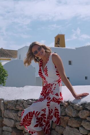 Sosandar Red Palm Print Midi Wrap Dress - Image 2 of 5