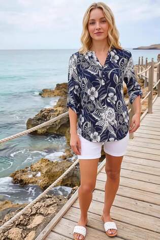 Roman Blue Textured Floral Print V-Neck Stretch Shirt - Image 2 of 7