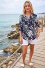 Roman Blue Textured Floral Print V-Neck Stretch Shirt - Image 2 of 7