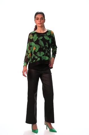 Roman Green Floral Mesh Overlay Stretch Top - Image 2 of 6