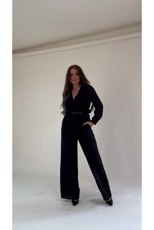 Girl In Mind Black Petite Lola Long Sleeve Belted Wide Leg Wrap Jumpsuit - Image 2 of 6