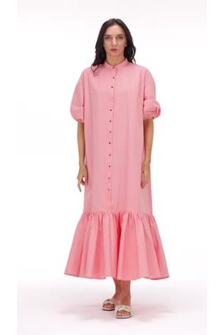 leem Pink Frill Mandarin Collar Kaftan Maxi Dress - Image 2 of 5