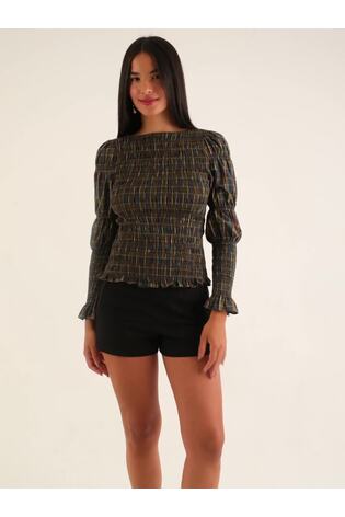 Amy Lynn Green Iris Heritage Check Shirred Cotton Long Sleeve Top - Image 2 of 6 Amy Lynn Green Iris Heritage Check Shirred Cotton Long Sleeve Top - Image 2 of 6