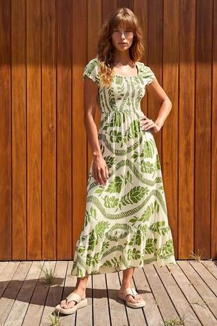 Roman Green Leaf Print Shirred Maxi Dress - Image 2 of 5