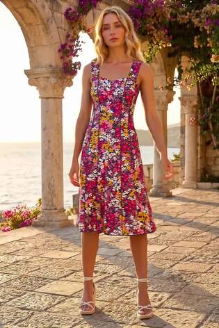 Roman Pink Floral Print Stretch Panel Dress - Image 2 of 5