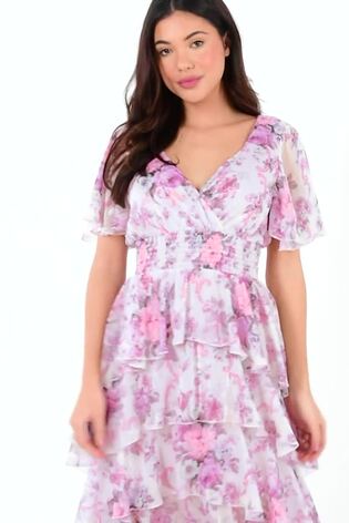 Quiz Pink Chiffon Glitter Wrap Tiered Dip Hem Dress - Image 2 of 4