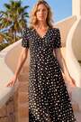 Roman Black Polka Dot Ruched Sleeve Midi Dress - Image 2 of 5