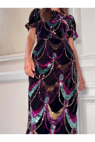 Love & Roses x V&A Multi Scallop Sequin Velvet Midi Dress - Image 2 of 6
