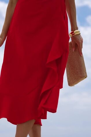 Sosandar Orange Linen Blend Ruffle Hem Wrap Dress - Image 2 of 6