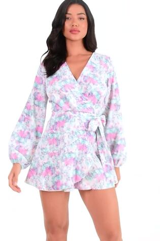 Buy Quiz White Multi Woven Smudge Wrap Balloon Sleeve Playsuit from Next Luxembourg