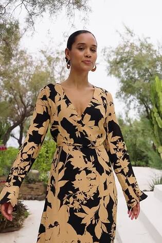 Sosandar Black/Brown Floral Fit & Flare Wrap Dress