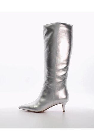 Dune London Silver Smooth Kitten Heel Point Knee-High Boots - Image 2 of 6