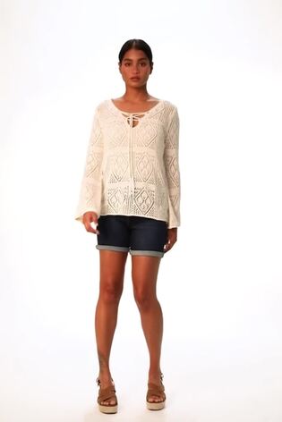 Roman White Crochet Tie Front Tunic Top - Image 2 of 6